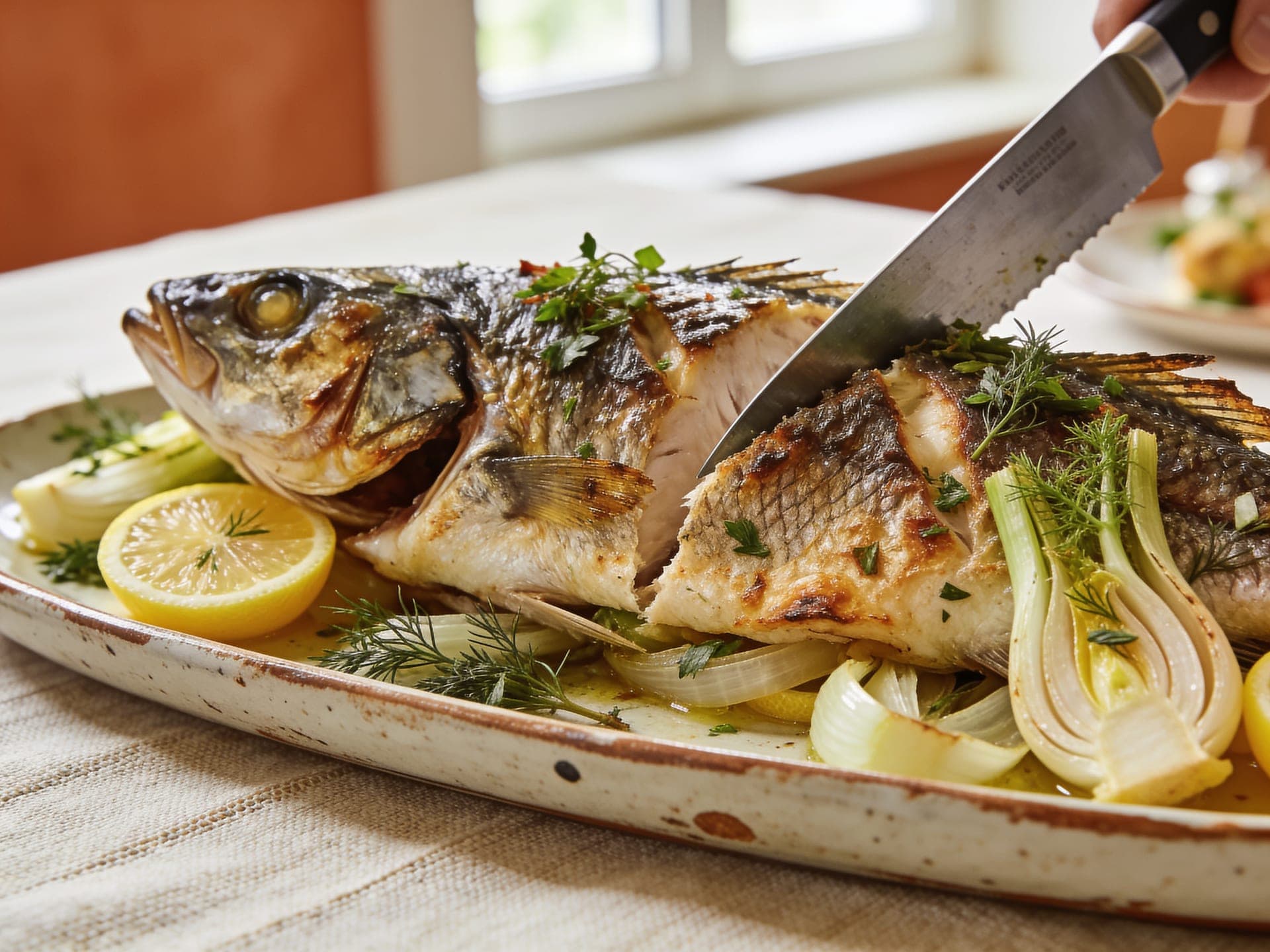 Whole sea bass with fennel and lemon, carved at a long table