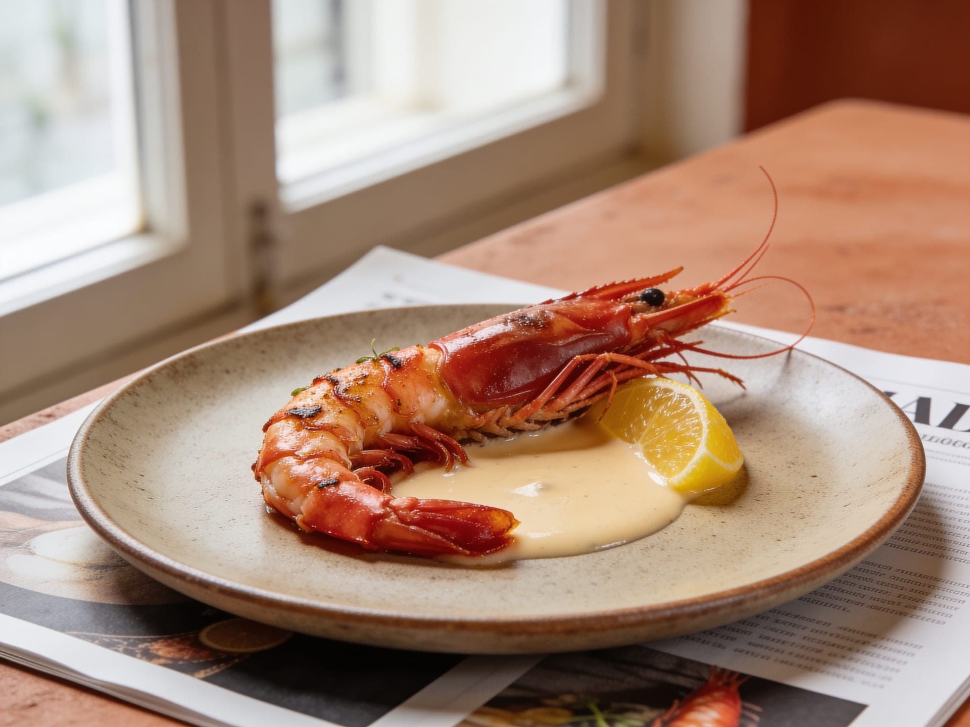 A plated red prawn course with bisque and citrus