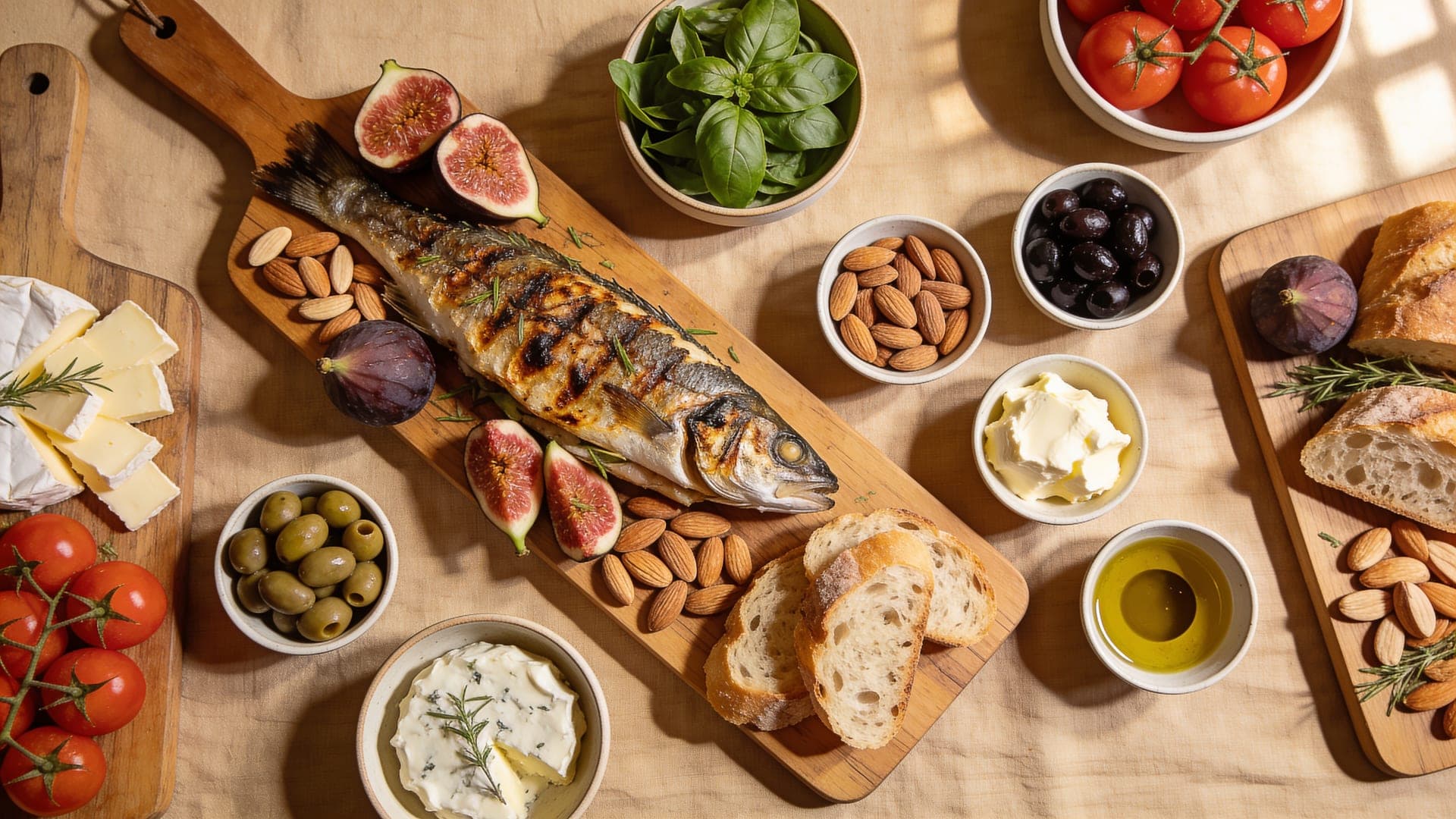 An overhead spread of Mise sharing boards: grilled sea bass, figs, almonds, olives, sourdough and tomatoes on warm linen