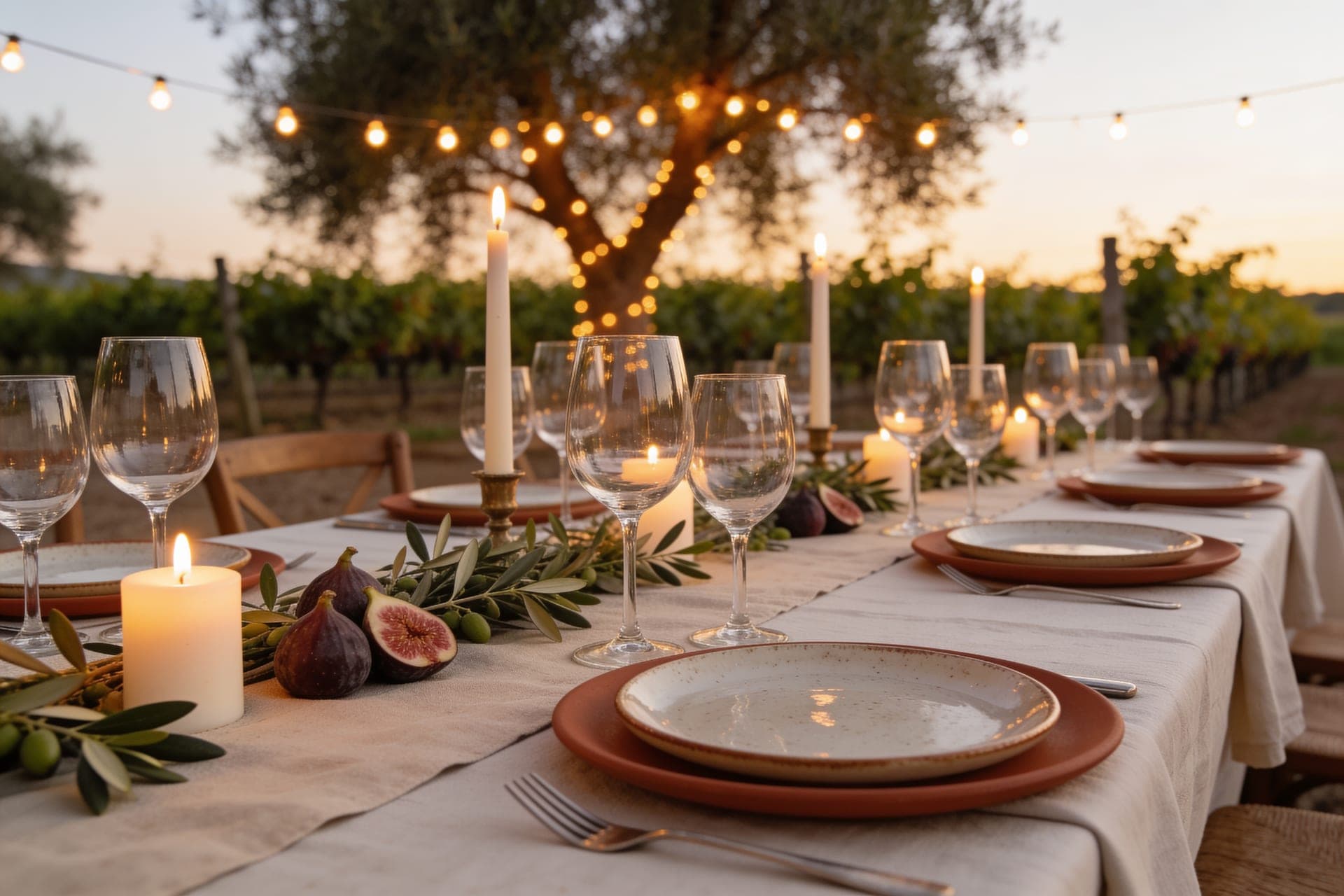 An elegant outdoor long table set at dusk in a vineyard, with linen, candles and terracotta plates